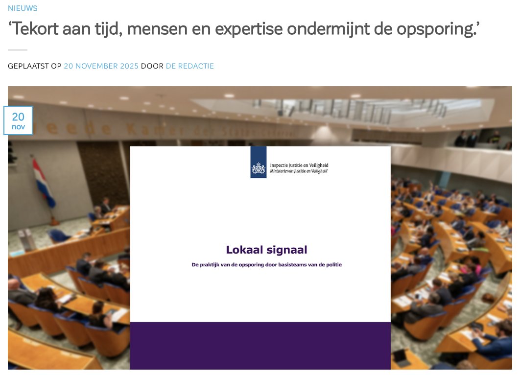 Het vandaag verschenen rapport van de Inspectie JenV over de opsporing door basisteams bevestigt de zorgen die de NPB al langere tijd uitspreekt: de opsporing staat zwaar onder druk door een structureel tekort aan tijd, capaciteit en kennis. 

politiebond.nl/tekort-aan-tij…
