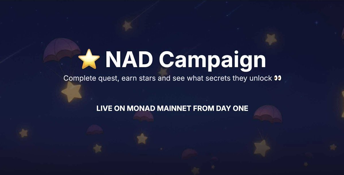 NadDomains's tweet image. NNS is excited to introduce the NAD Campaign on Monad mainnet day 1

The campaign is designed to guide users through the essentials of NNS, from registering your first domain and setting your primary name, to adding social records. Every action you take earns stars, and…