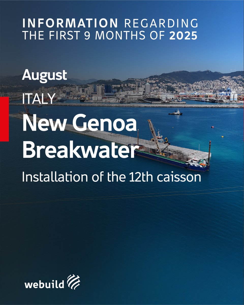 Webuild_Group's tweet image. #WebuildResults First 9 Months of 2025 
INAUGURATIONS AND PROJECT MILESTONES

🚢In AUGUST #Webuild successfully placed the twelfth caisson of the New #GenoaBreakwater, #Italy. This milestone marked an important step for the construction of the deepest #breakwater in Europa.

The…