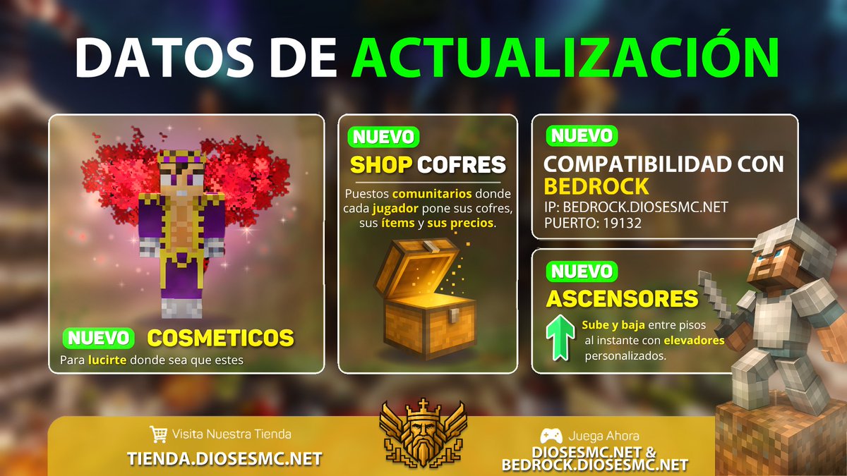 DiosesMcOficial's tweet image. 📦 | Cambios recientes del servidor (19/11/2025) #somosDIOSES           

¡ Ha llegado el momento! Ya se puede entrar al servidor desde BEDROCK! La IP es BEDROCK.DIOSESMC.NET con el puerto default (19132).

• Ya puedes comprar desde la tienda del servidor marcando como &quot;SI&quot; a…