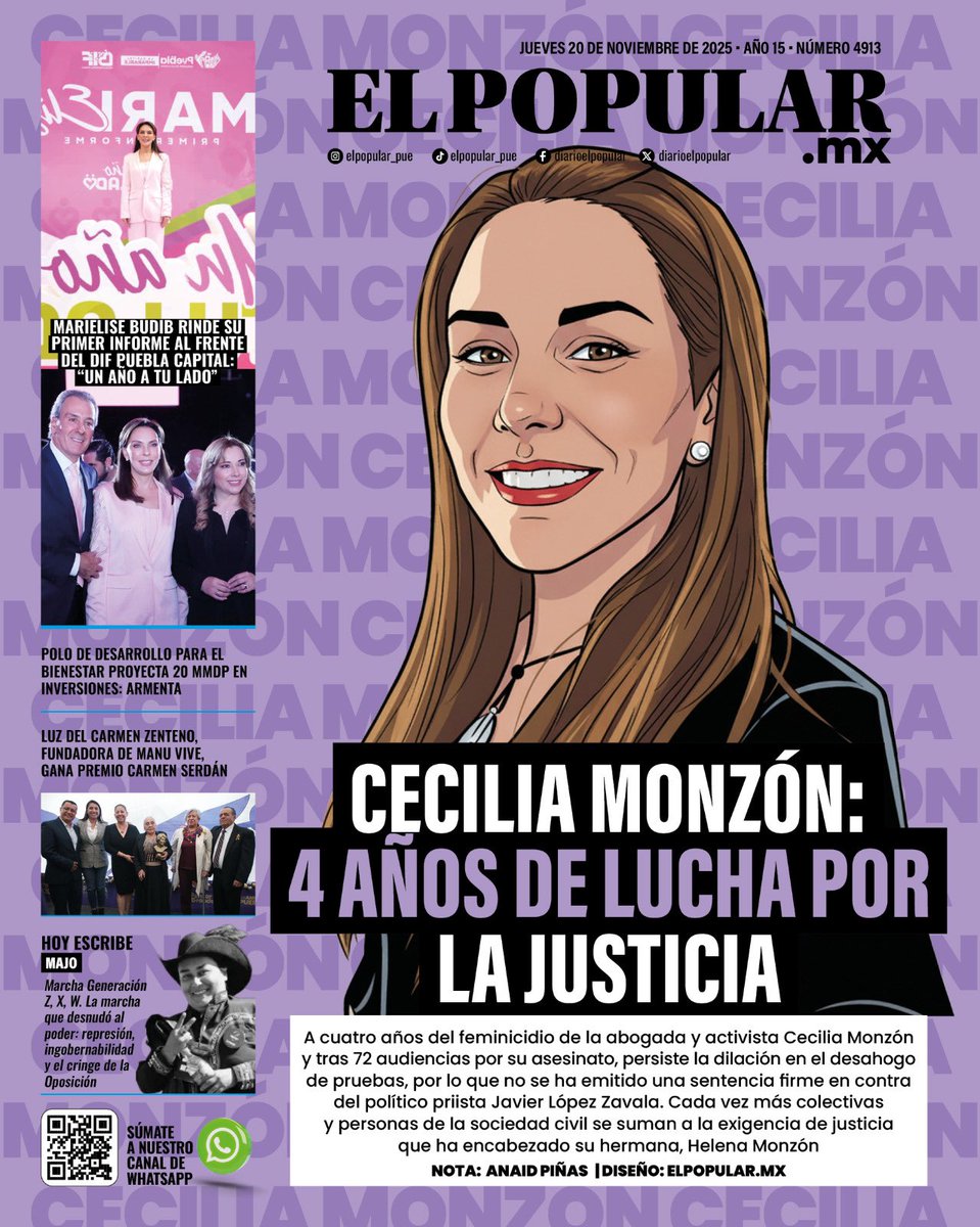 🟣 #IMPORTANTE 

A cuatro años del feminicidio de la abogada y activista #CeciliaMonzón y tras 72 audiencias para esclarecer su asesinato, persiste la dilación en el desahogo de pruebas a favor del político priista Javier López Zavala. 

Cada vez más colectivas y personas de la