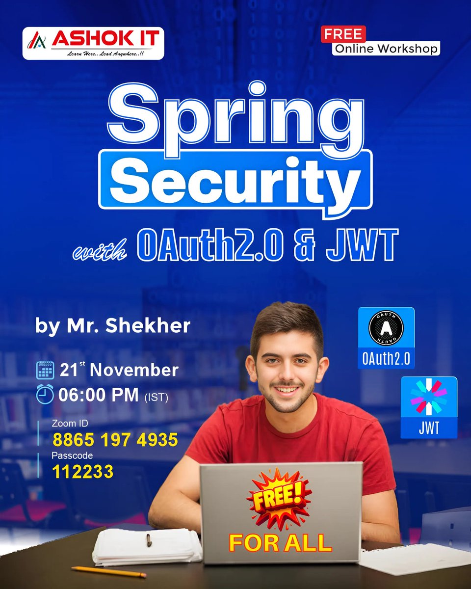 ashokitschool's tweet image. 🔐 FREE Online Workshop: Spring Security with OAuth2.0 &amp;amp; JWT
📲 Register Now: tr.ee/C7sfGe

👨‍🏫 Trainer: Mr. Shekher
📅 Date: 21st November
⏰ Time: 06:00 PM (IST)
💻 Mode: Online

#SpringSecurity #OAuth2 #JWT #JavaDeveloper #SpringBoot #CyberSecurity #APISecurity