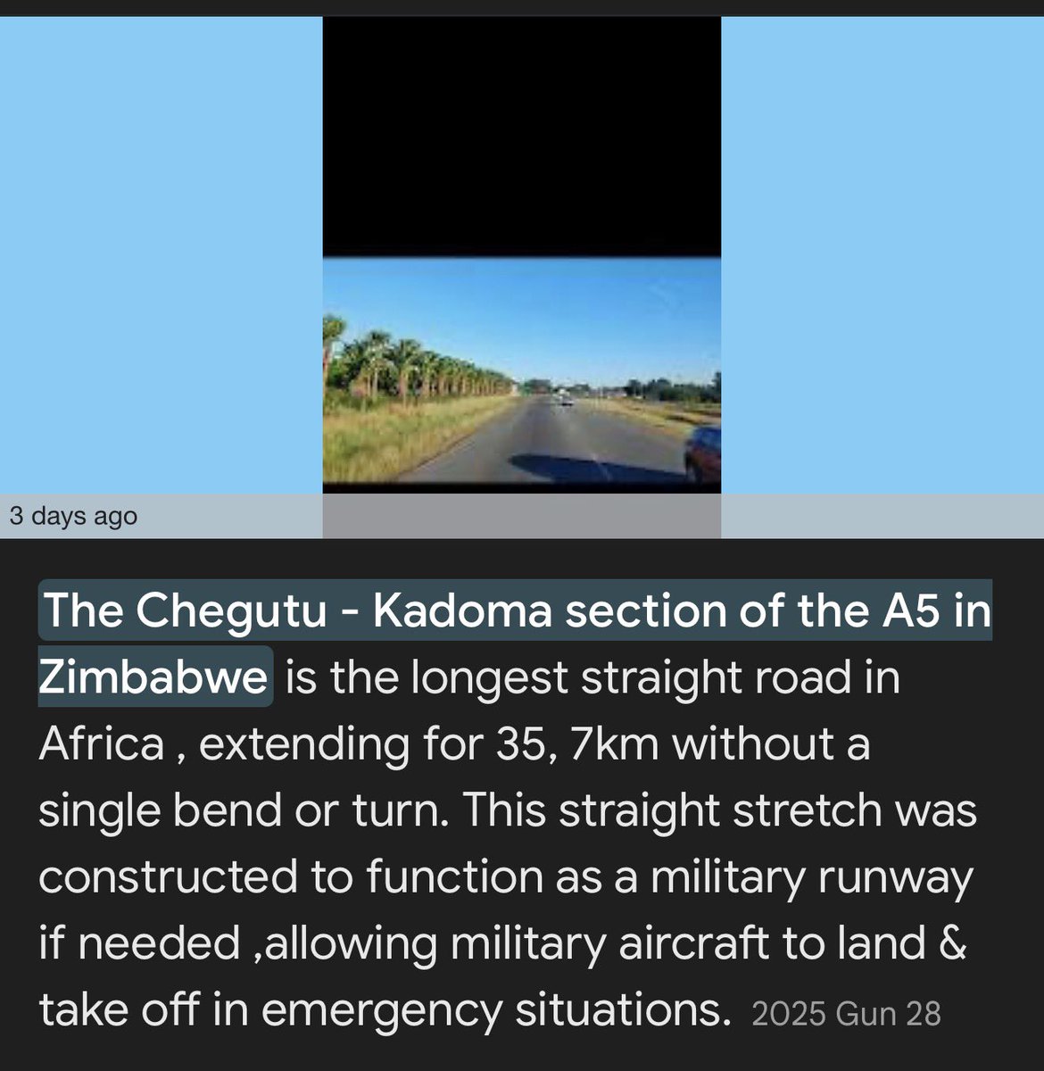 And the longest straight road in Africa , extending for 35, 7km without a single bend or turn… chegutu kadoma in Zimbabwe 🇿🇼 did you know ??