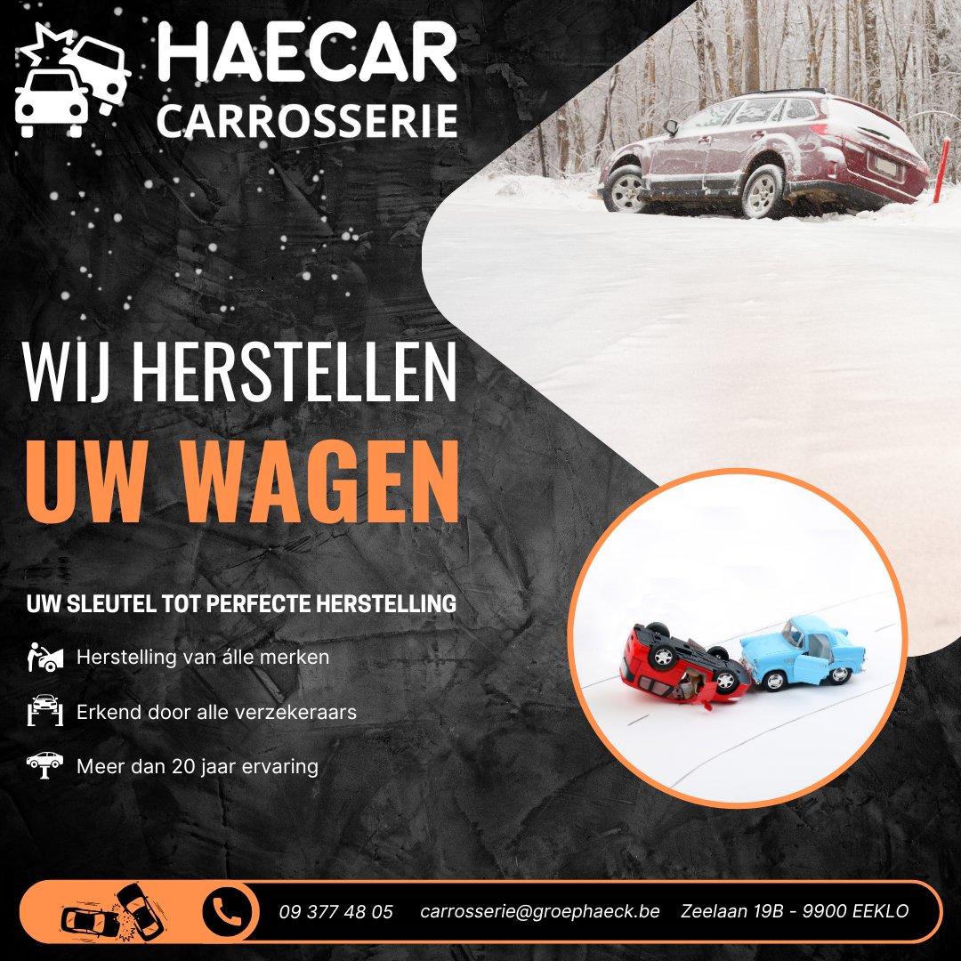 GroepHaeck's tweet photo. 𝐊𝐨𝐧𝐢𝐧𝐠 𝐖𝐢𝐧𝐭𝐞𝐫 𝐢𝐬 𝐢𝐧 𝐡𝐞𝐭 𝐥𝐚𝐧𝐝! 
Heeft de eerste sneeuw je verrast? Een slippertje is zo gebeurd…
Gelukkig staat ons team bij 𝐂𝐚𝐫𝐫𝐨𝐬𝐬𝐞𝐫𝐢𝐞 𝐇𝐚𝐞𝐜𝐚𝐫 paraat om jouw wagen weer helemaal tiptop te zetten.
Blijf veilig op de baan! https://t.co/dSZxNHkLwQ