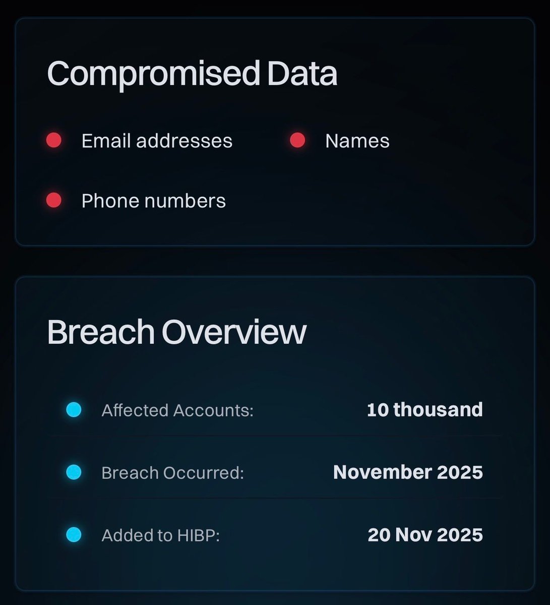 IntCyberDigest's tweet image. ‼️The Eurofiber breach data we forwarded to Have I Been Pwned has been indexed.

Possible victims of the breach can now check whether their data has been leaked.

Check it out: haveibeenpwned.com/Breach/Eurofib…