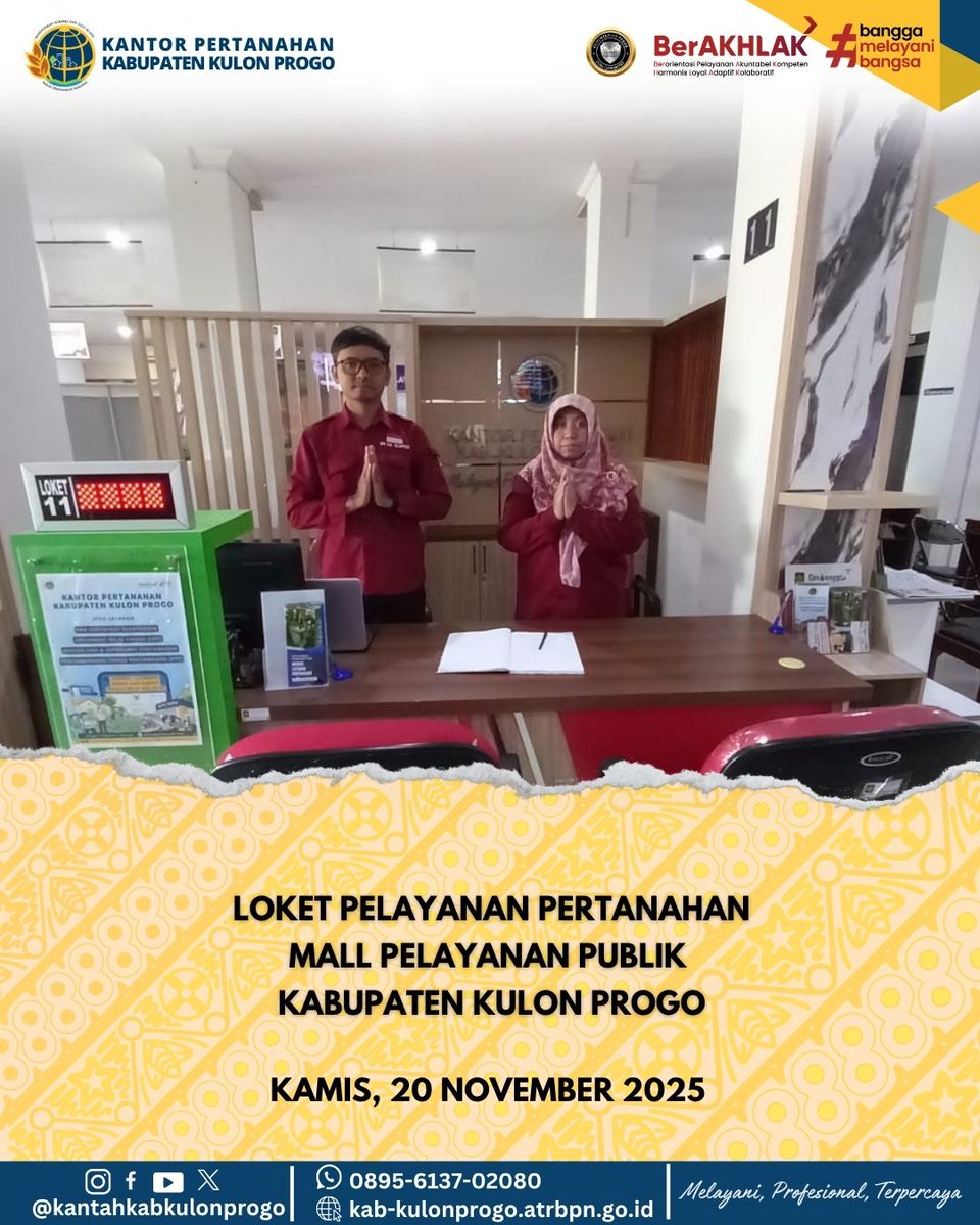 atr_bpnkprogo's tweet image. Hallo, #SobatATRBPNKulonProgo

Kami hadir lebih dekat untuk mempermudah pelayanan pertanahan bagi masyarakat! 🤝✨
Untuk memaksimalkan pelayanan bisa terjangkau oleh masyarakat, Kantor Pertanahan Kabupaten Kulon Progo buka kembali Mal Pelayanan Publik setiap Hari Senin dan Kamis.