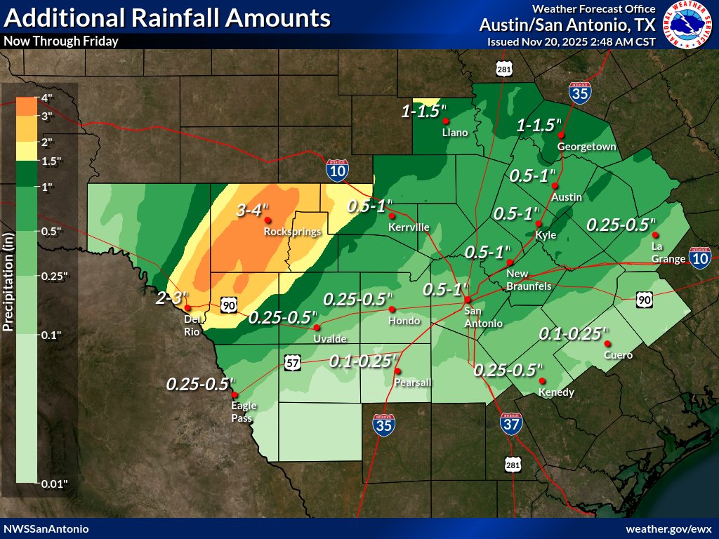 Flash Flood Risk! Highest rainfall (2-4" with isolated 6 to 8" possible) west of the I-35 corridor through Friday. Turn Around, Don't Drown on flooded roads! Even 0.5-1.5" can cause local flooding. Stay alert &amp; check your local forecast. #txwx
