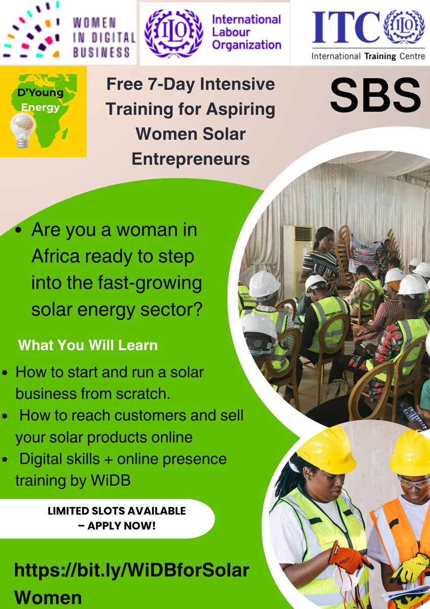 Africa’s solar sector is booming

D’Young Energy + WiDB are offering a FREE 7-Day Intensive Training for aspiring women #solar entrepreneurs across Africa with #digitalskills.

This program is 100% free — but slots are limited!

Apply here 👉 bit.ly/WiDBforSolarWo… 
#wiDB