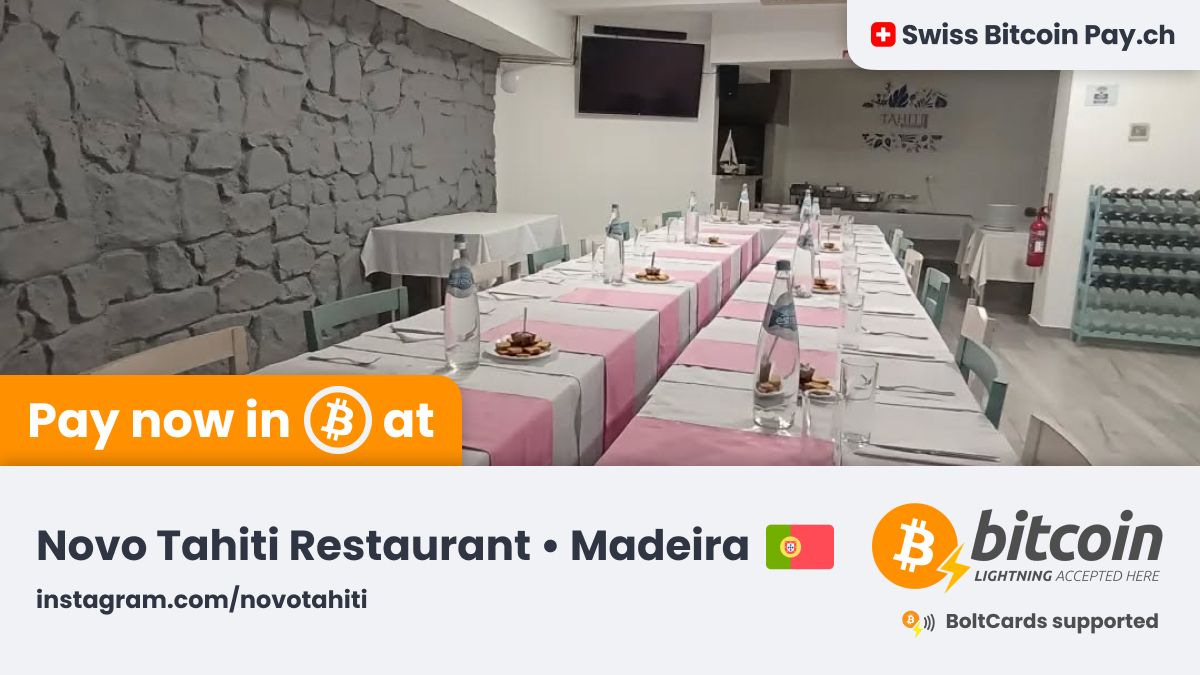 SwissBitcoinPay's tweet photo. 🚀 Amazing new merchant accepting Bitcoin 🚀

Novo Tahiti Restaurant 🇵🇹 is now accepting #Bitcoin payments ⚡ through @SwissBitcoinPay

Traditional regional cuisine, Snack bar 🍽️

📍 Madeira, Portugal
💳 BoltCards supported
🔒 This merchant has 100% control on their Bitcoin https://t.co/973WctxqjM