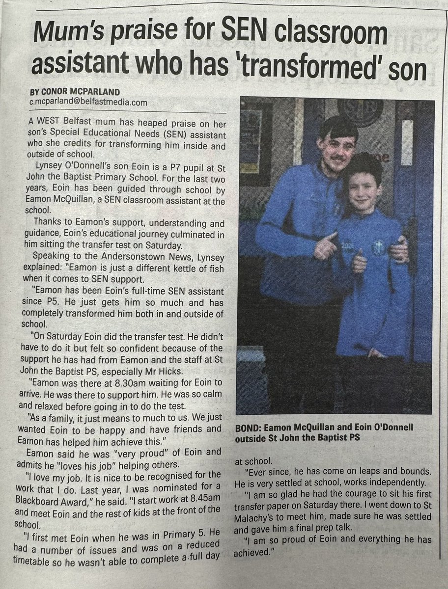 A lovely tribute to one of our own in today’s <a href="/ATownNews/">Andersonstown News</a> We are very proud of SJB classroom assistant, Eamon McQuillan, for demonstrating our vocational commitment and ethos. #AspireBelieveAchieve🟢🔵🟡
