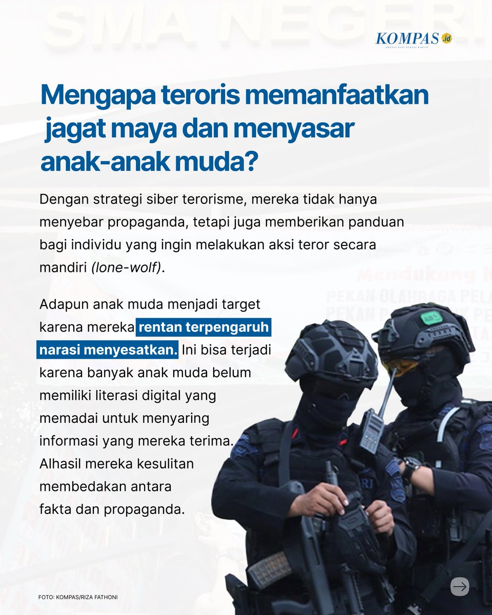 hariankompas's tweet photo. Mengapa teroris memanfaatkan jagat maya dan menyasar anak-anak muda?
#KompasBrief #Terorisme #GimDaring #AnakMuda #AdadiKompas https://t.co/Ir9G7gE8vT