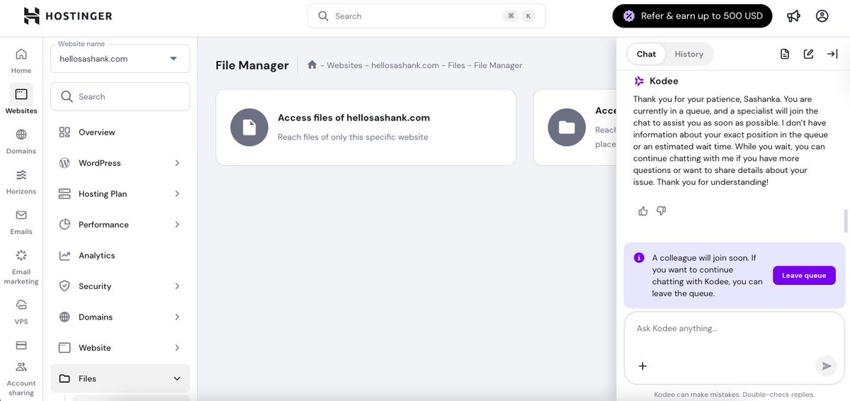 hellosashank's tweet image. Hey, @Hostinger unable to access my dashboard, and I am also trying to connect with your support team over chat, and I have been in the queue for the last 30 minutes. Pathetic service I have ever had from you guys. Needs to change something in the server, but is unable to do so.