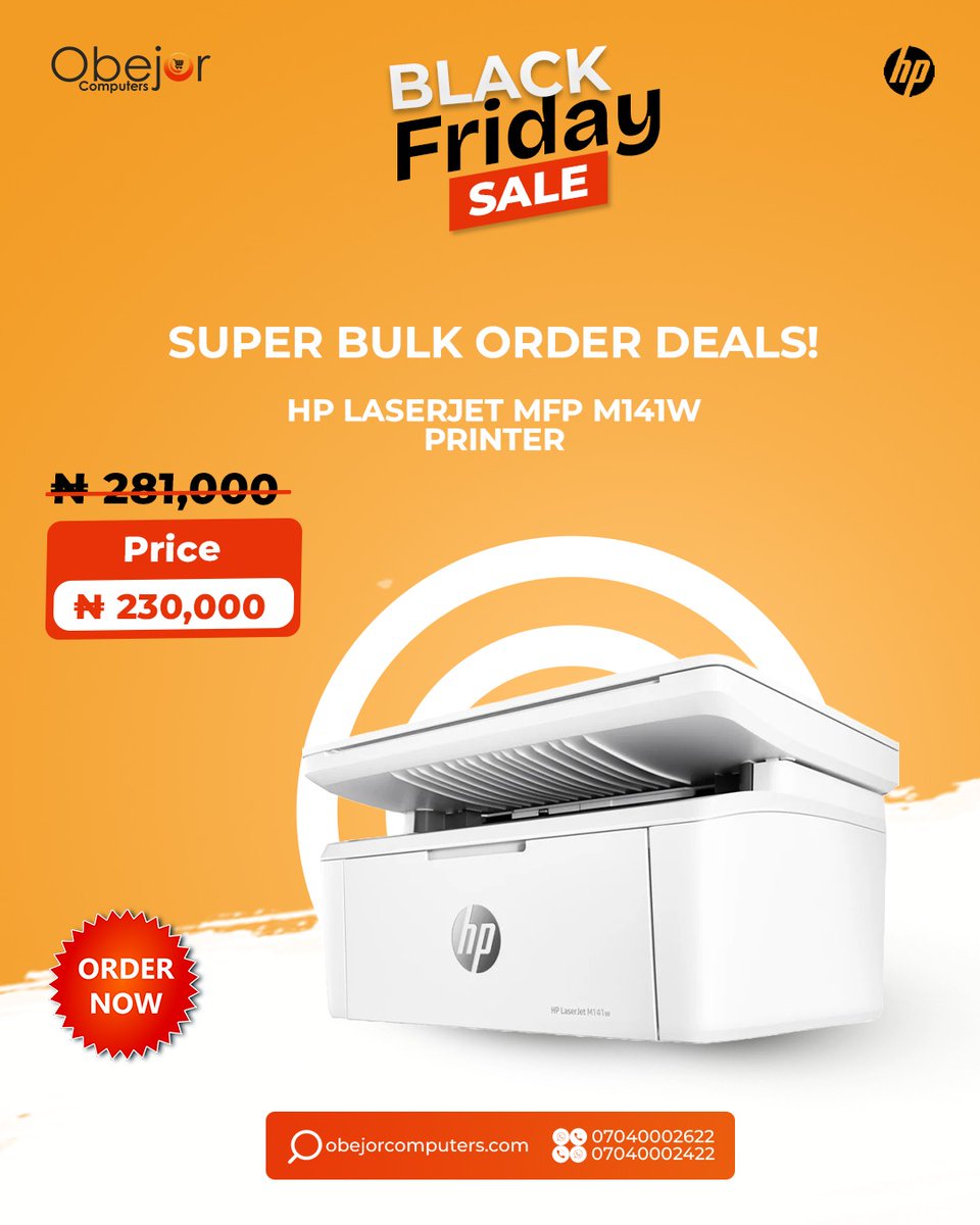 obejorcomputers's tweet image. 🔥 BLACK FRIDAY BULK DEAL! 🔥
Get the HP LaserJet MFP M141W Printer for N230,000 (was N281,000). Perfect for offices, schools &amp;amp; SMEs.

📦 Super bulk order discounts available.
DM to order or visit ObejorComputers!
#BlackFriday #ObejorComputers #TechDealsNG