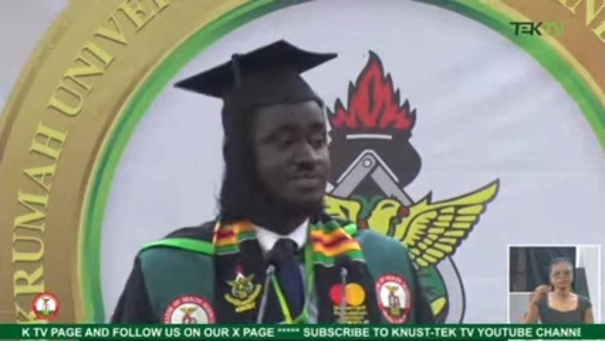 unitimesghana's tweet photo. Nereus Mensah Gyasi, an alumnus of Anglican Senior High School (KASS), has been named valedictorian for the College of Health Sciences Class of 2025.

A student of Disability and Rehabilitation Studies, he graduates with a CWA of 80.50. 

#KNUSTNewsFile #59thCongregation https://t.co/BMC99H52D9