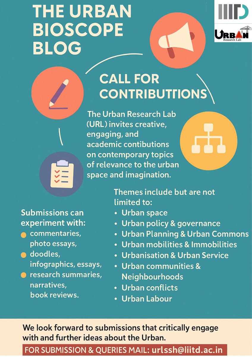 research_urban's tweet photo. If cities fascinate you, this call is yours.
Write. Draw. Analyse. Imagine. 🏙️✨
📩 urlssh@iiitd.ac.in

Submission Guidelines:
• Include a 100–150 word abstract
• Use APA format
• Times New Roman, 12 pt, 
• File name format: authorname_titleofthepaper https://t.co/ydDZNJA8HN