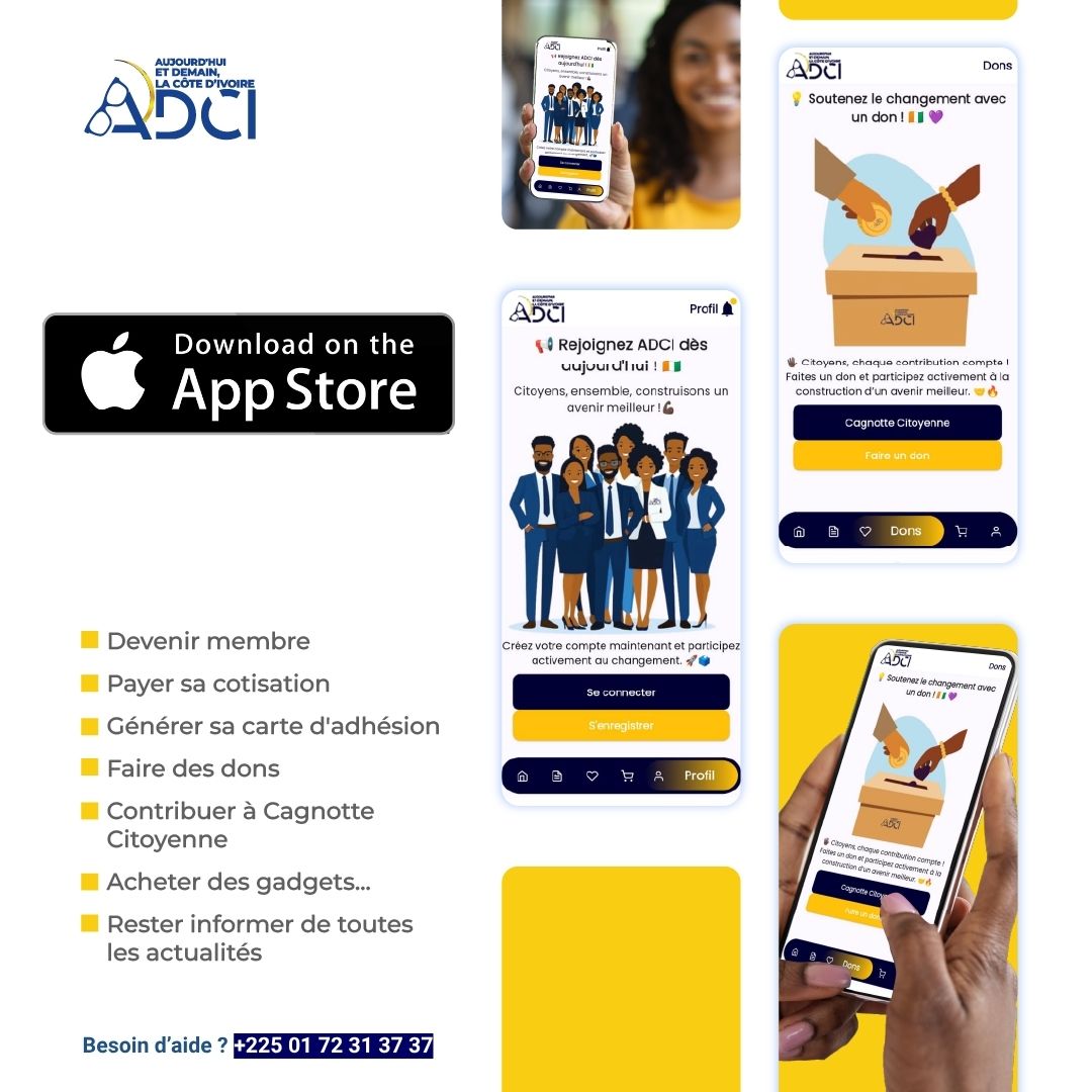 📢 Bonne nouvelle !
L’application ADCI est maintenant disponible sur App Store 🎉

📲 Adhérez. Contribuez. Suivez l’actu.
📌 Soutenez la Cagnotte Citoyenne
📌 Génèrez votre carte de membre

➡️ Téléchargez ici : apps.apple.com/app/adci/id675…

Rejoignez la #SociétéDeConfiance.
