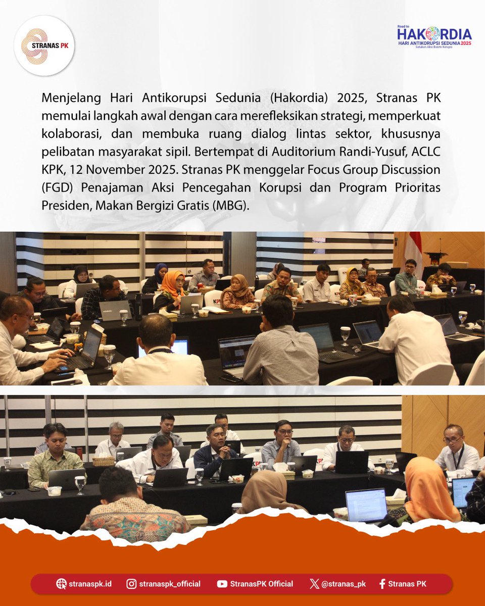 Stranas_PK's tweet photo. ✨Stranas PK memulai langkah menuju Hari Antikorupsi Sedunia, Stranas PK menghadirkan berbagai pemangku kepentingan untuk menelaah program besar pemerintahan, Makan Bergizi Gratis (MBG). Guna memastikan tata kelola yang transparan, akuntabel, dan berpihak pada masyarakat. https://t.co/KHltDkn4fs