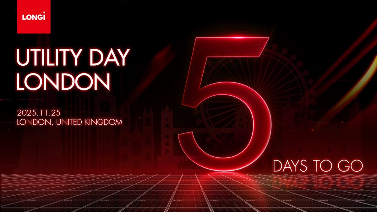 LONGiEurope's tweet image. Utility Day London, 5 Days to Go.

On 25 November 2025, in London, LONGi will officially unveil our next-generation energy storage innovation.

Let's celebrate this new chapter of sustainable energy.

#LONGi #EnergyStorage #SolarPlusStorage
