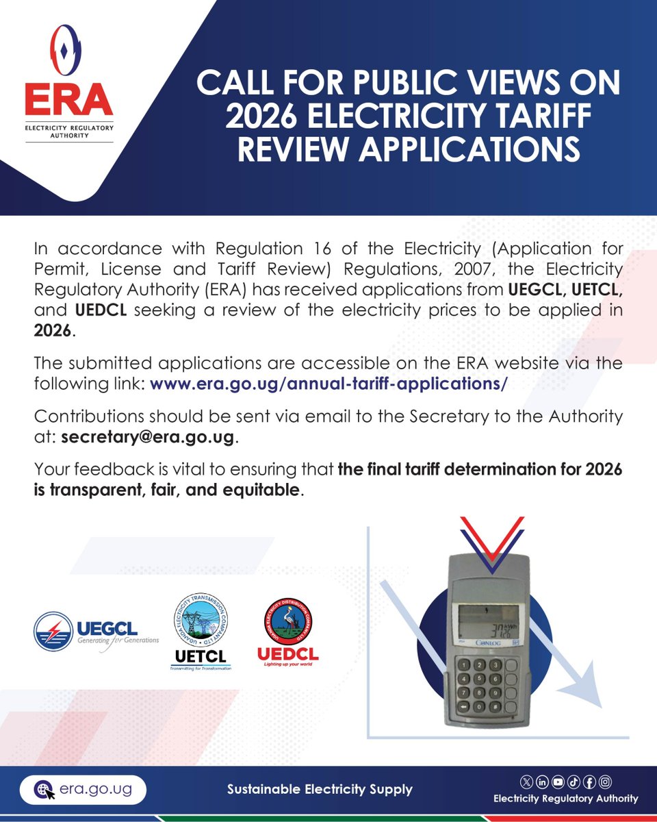 ERA_Uganda's tweet image. PUBLIC CONSULTATION ON THE 2026 ELECTRICITY PRICES. 
@UegclOfficial @uetcl @UEDCLTD