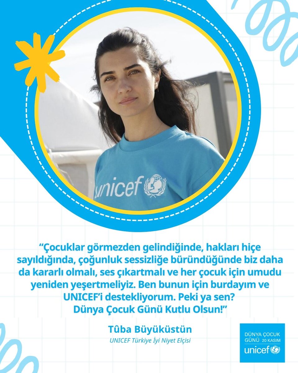 💌 #DünyaÇocukGünü kutlu olsun! 

UNICEF İyi Niyet Elçimiz <a href="/TubaBustun/">Tuba Buyukustun</a> ’dan bir mesaj var! ✨👧👦💙