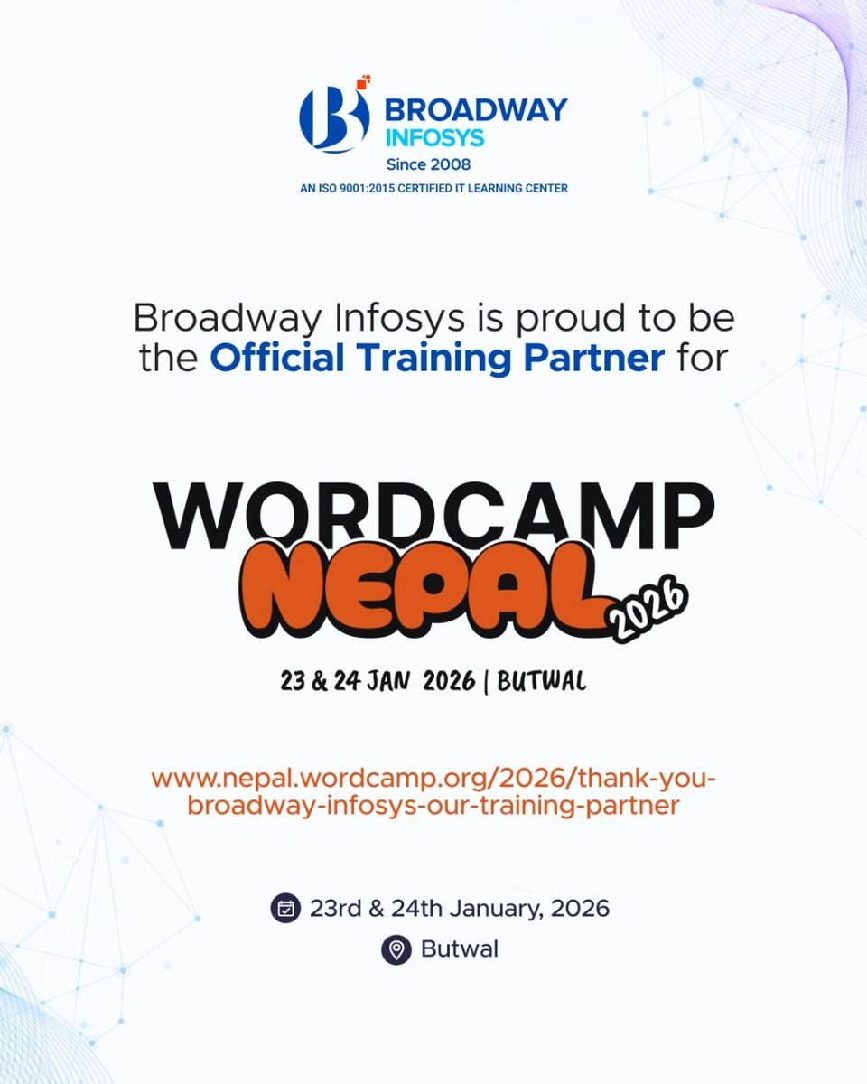 broadwayinfosys's tweet image. Broadway Infosys is proud to join WordCamp Nepal 2026 as the Official Training Partner!

We sincerely thank the WordCamp Nepal team for their trust and for this wonderful opportunity. Join us at WordCamp Nepal 2026 in Butwal!

#BroadwayInfosys #WordCampNepal2026 #TrainingPartner