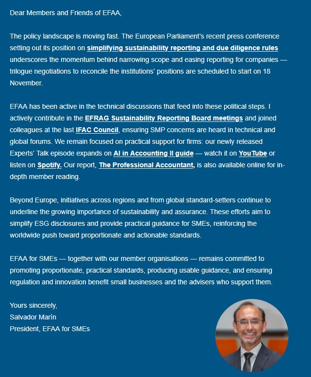 EFAAforSMEs's tweet image. 📢 Our new edition is live! 
Key updates for #SMEs &amp;amp; #SMPs: 
🔸 #SustainabilityReporting &amp;amp; #ISSB 
🔸 Nature disclosures 
🔸 #ESG guidance 
🔸 #OECD tax updates 
🔸 Global standards &amp;amp; #IFAC 
🔸 #EFAAforSMEs events
📖 Read the full newsletter here: bit.ly/4o8qsFU