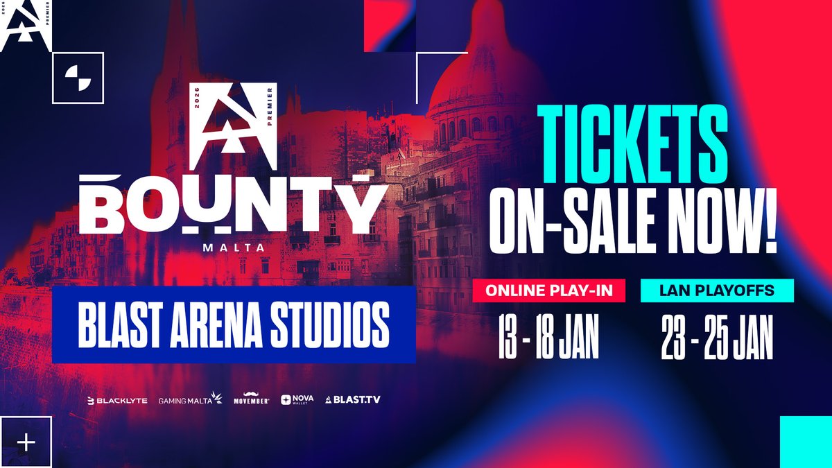 BLASTPremier's tweet image. Tickets for BLAST Bounty Malta are officially LIVE! 🇲🇹

Online Play-in: 13–18 Jan 2026 🌐
LAN Playoffs in Malta: 22–25 Jan 2026 🌴

Secure your spot at the Playoffs 👉 eventworkstickets.com/premier-bounty…

#BLASTPremier
