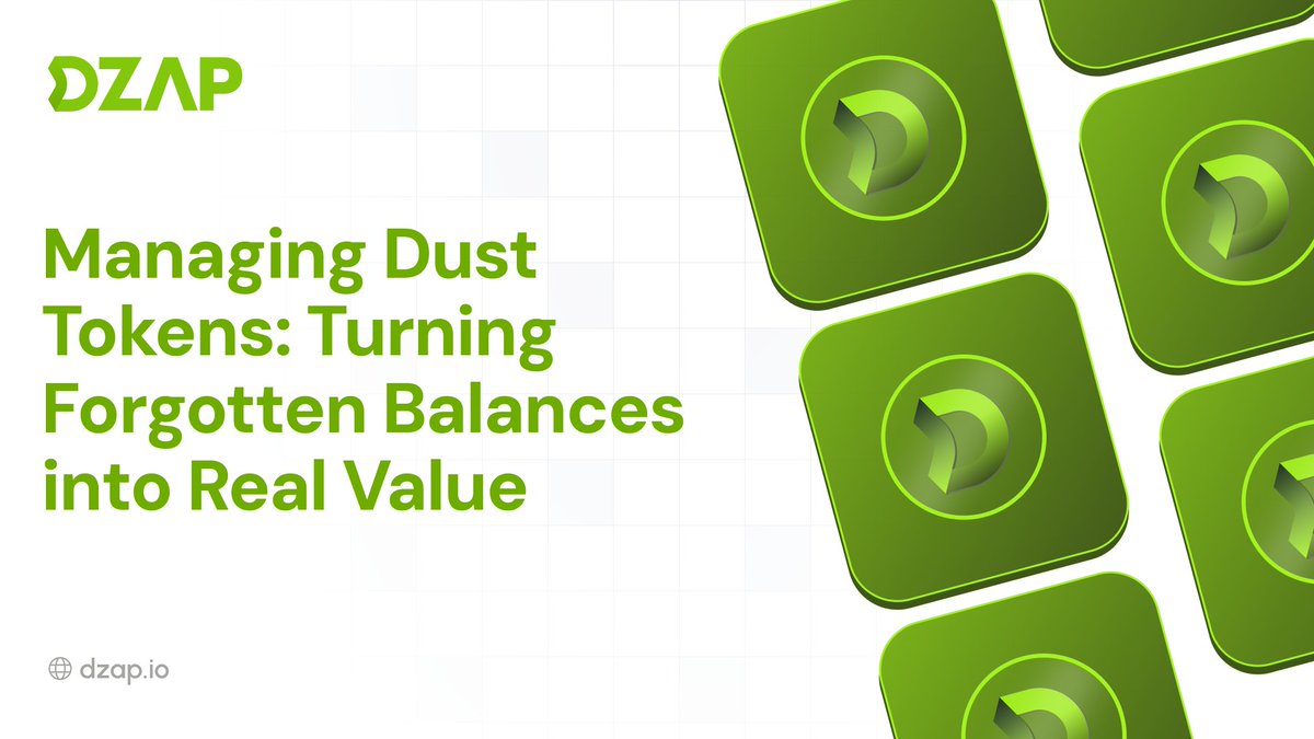 dzap_io's tweet image. In DeFi, every token counts, even the smallest ones. Yet, across countless wallets and chains, users often accumulate tiny leftover balances known as dust tokens. 

These fragments might seem insignificant on their own, but together, they represent stranded value that’s difficult…