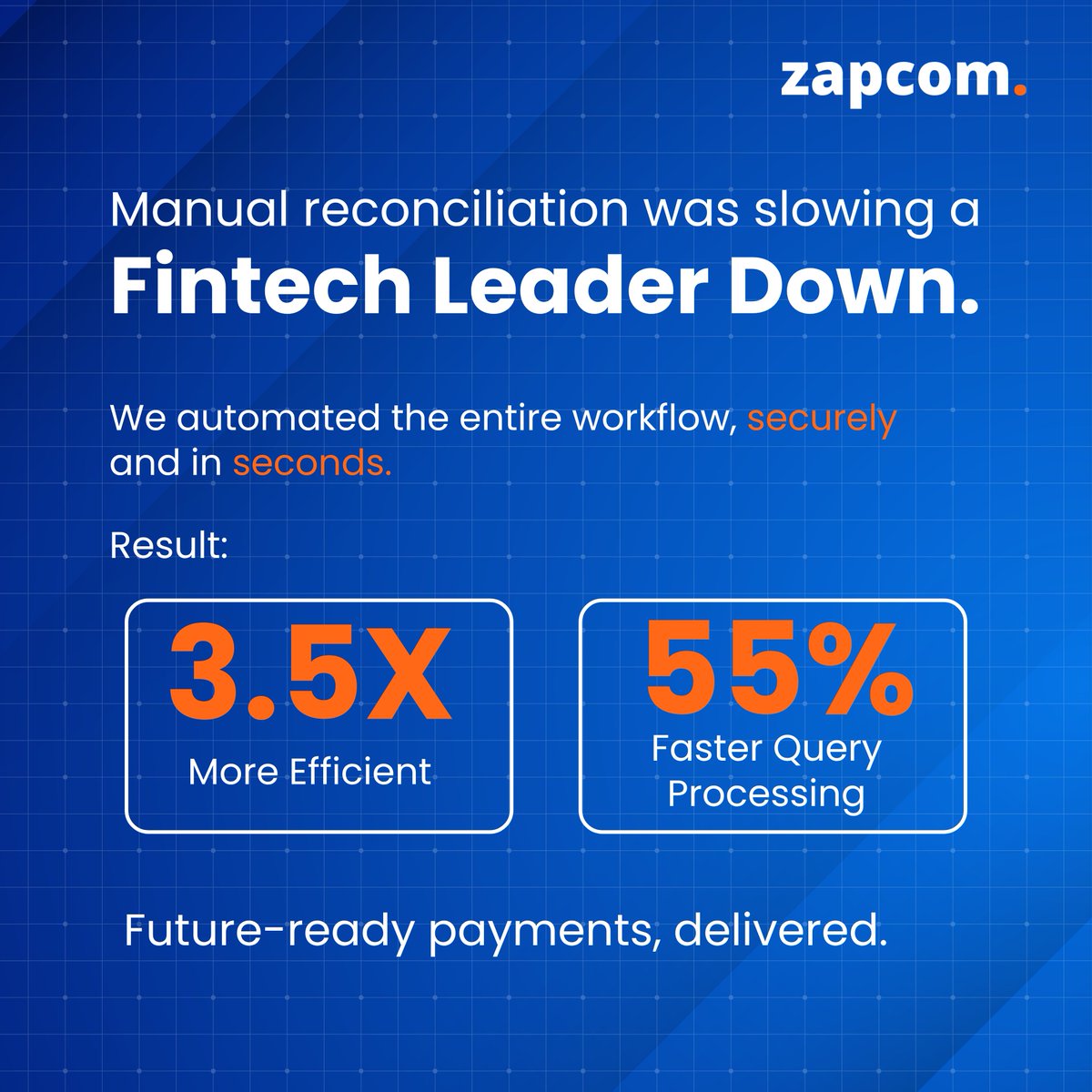 ZapcomGroupInc's tweet photo. Sometimes the biggest roadblocks for fast-growing fintechs aren’t market shifts or customer demand it’s the silent inefficiencies hiding in everyday workflows.
One of our fintech partners was spending countless hours on manual reconciliation. https://t.co/w3WtCap11o