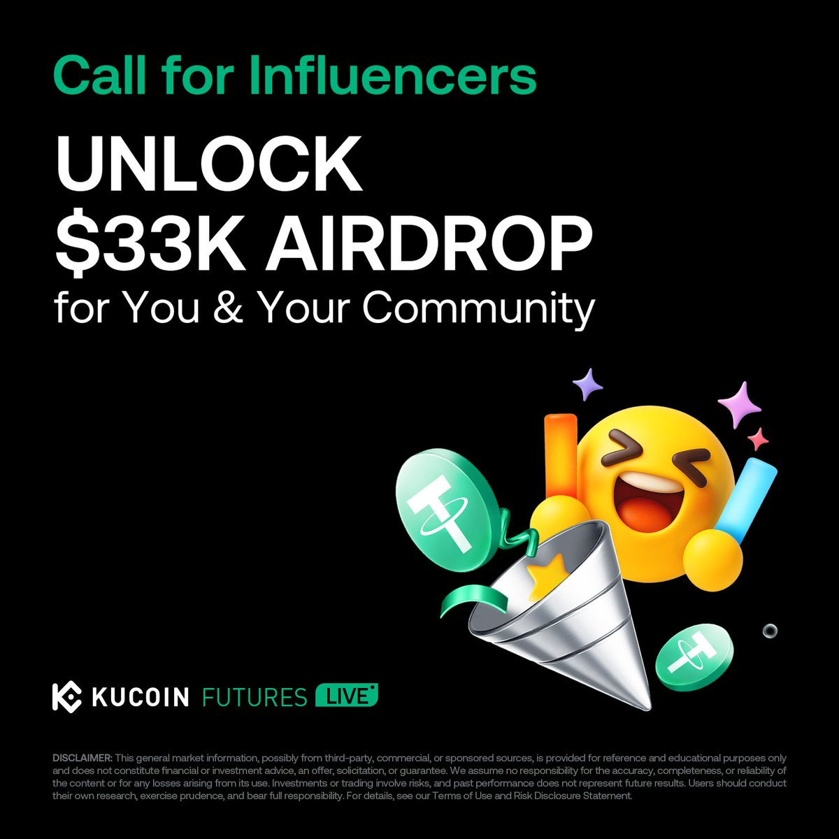 KuCoinLive_en's tweet image. 🚀 CALLING ALL KOLs 🚀

Unlock $33k Sponsorship:
✅ 20,000 USDT Community Airdrops: Your members get a dedicated reward pool
✅ 3,000 USDT Personal Reward Fund
✅ $10,000 New User Bonuses: Your referrals get extra perks

👉 Turn your influence into real rewards! Apply here:…