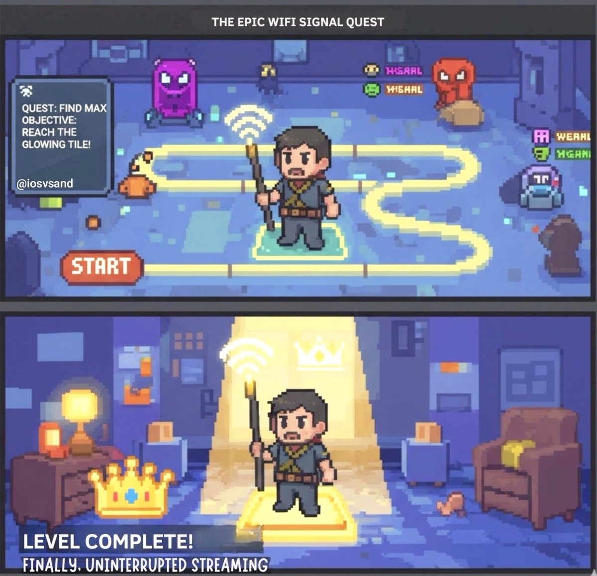 iosvsand's tweet image. The ultimate quest is real! Who else feels this struggle for that perfect Wi-Fi spot? 👑📶🎮 #WiFiQuest #GamerLife #TechStruggles