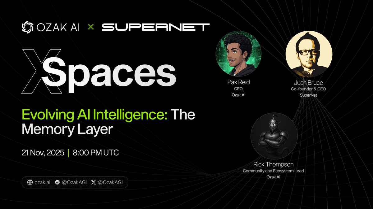 OzakAGI's tweet image. Evolving AI Intelligence: The Memory Layer

AI agents are getting smarter, but can they remember? 🧠💭

Join us for a sneak peek into the future of Portable AI Context Memory with @Supernet_AI. We’ll explore how privacy-enabled memory is unlocking the next generation of…