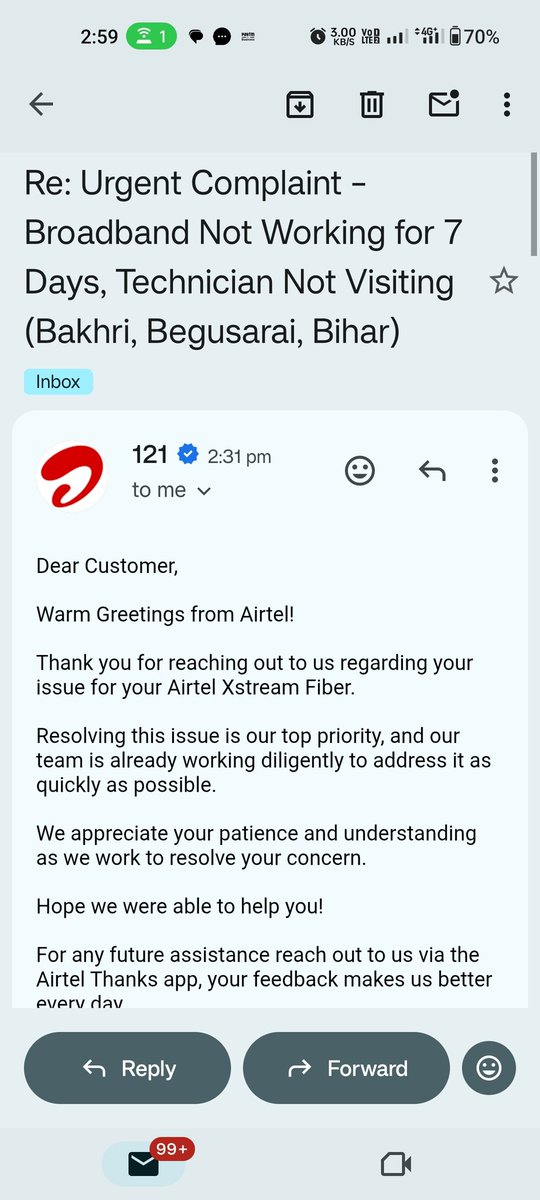 iamdigitalravi's tweet photo. @airtelindia @Airtel_Presence 
It's been 7 days, my Airtel Fiber in Begusarai is down. 
Customer Care keeps repeating "24 hours" but no technician visited.

Even after emailing to Nodal/Appellate, I'm only getting automated replies. 
My business is suffering daily losses. https://t.co/cwnGuTjQPs