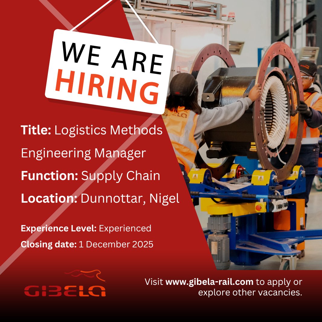 RailGibela's tweet image. We’re looking for someone to take on the role of Logistics Methods Engineering Manager. Someone who can optimise systems and support our mission of delivering rail solutions for South Africa.
If you’re driven and ready to lead, we invite you to apply on gibela-rai.co.za.