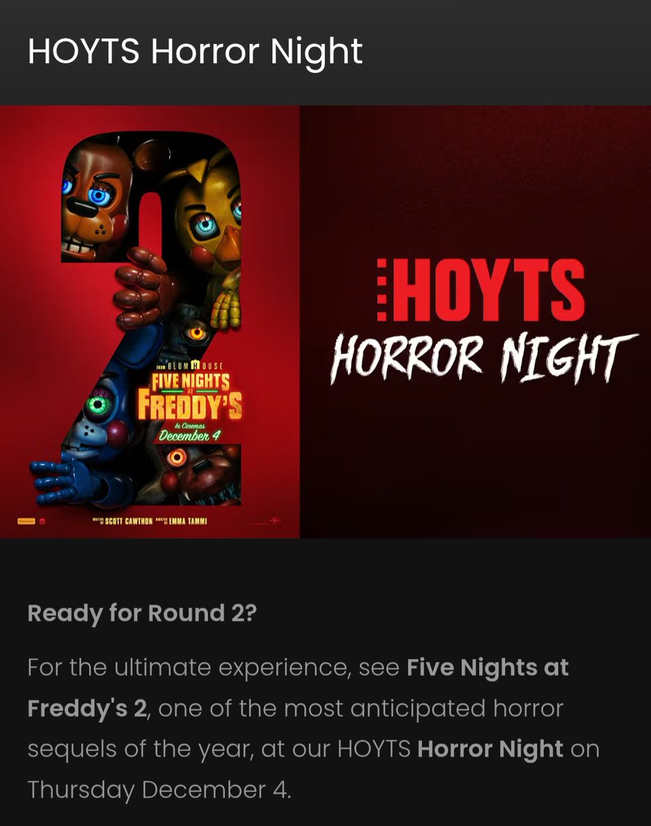 AftonRob0tics's tweet image. Hoyts is hosting a Horror Night Event for FNaF 2!