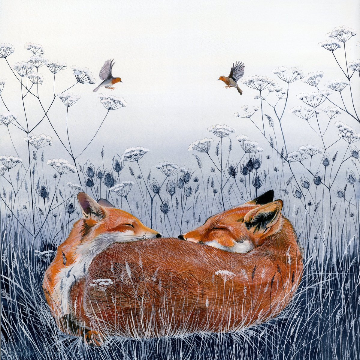 One of my paintings that I include in my winter card pack. 
And a close up of the snuggled foxes and their robin friends. 
If you ever a get a minute to zoom into my pictures, I hope you will see all the little extras I try to include. 

Stay warm out there. And feed the birds!