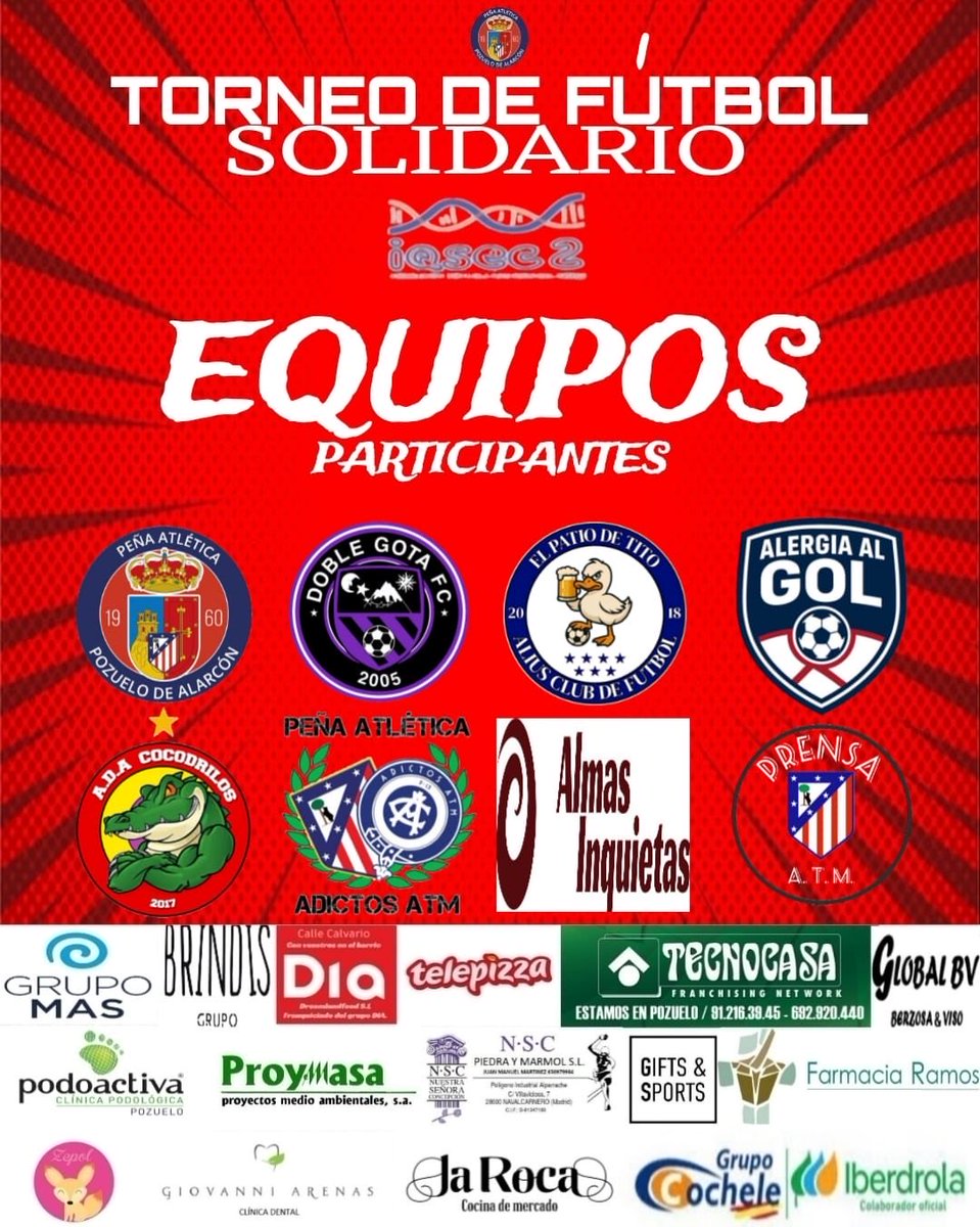 ATMPozuelo's tweet image. Nos alegra poder anunciar que en nuestro I torneo de fútbol 7 solidario en beneficio de #Iqsec2 se logro recaudar 4200€. Muchas gracias a las empresas, peñas, equipos, individuales que habéis aportado.

Esta misma mañana ya han sido transferidos

¡Porque luchan como herman@s!