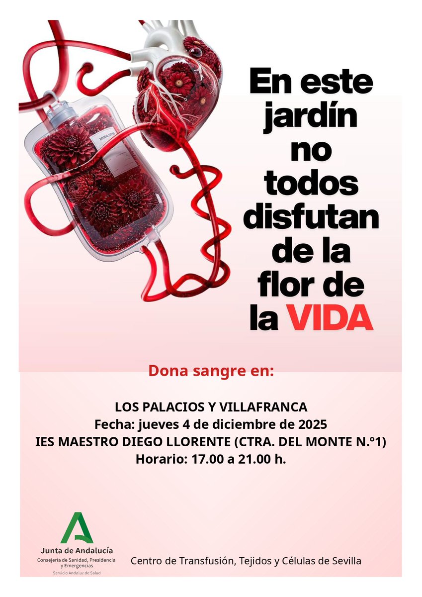 ¡DONACIÓN DE SANGRE EN LOS PALACIOS Y VILLAFRANCA!
Jueves, 4 de diciembre
IES Maestro Diego Llorente (C/ Ctra. del Monte nº1) De 17:00 a 21:00 h
Se necesita sangre de todos los grupos.
Tu donación puede salvar vidas❤️