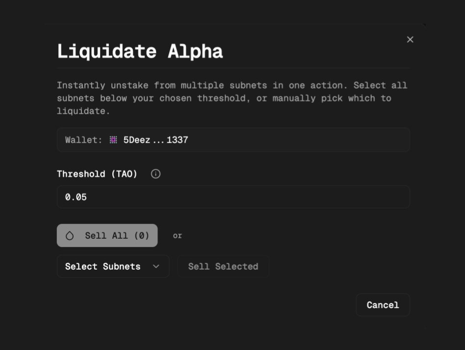 taoapp_'s tweet image. Dust season is over 🧹 

Liquidate all your micro subnet positions in 1 click 🔥

tao.app/portfolio → Connect wallet → Set threshold or pick subnets → Done ✅