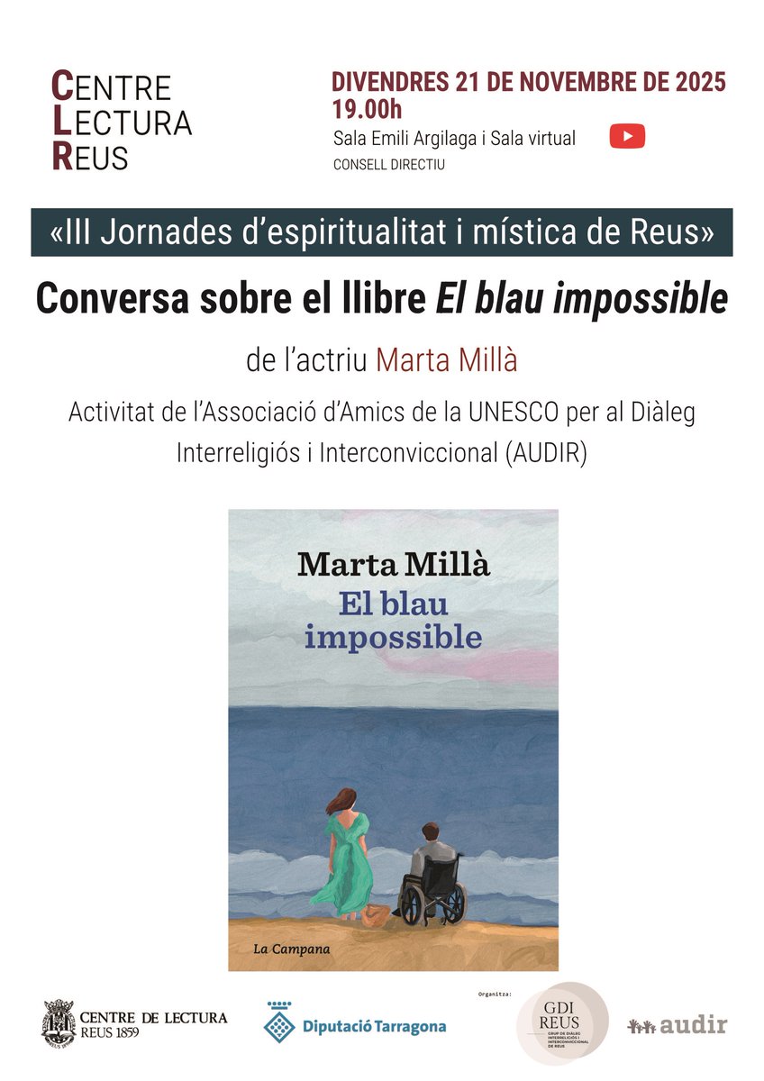 📖 Aquest divendres 21 de novembre, a les 19.00, <a href="/_AUDIR/">AUDIR</a> presentarà a la nostra entitat el llibre «El blau impossible» de l’actriu Marta Millà #Reus #CLR #joproposo <a href="/AgendaCultura/">Agenda Cultural de Catalunya</a> <a href="/ReusCultura/">Reus Cultura</a> <a href="/Surtdecasa/">Surtdecasa</a> <a href="/laguiadereus/">La Guia de Reus</a> <a href="/canalreus/">Canal Reus</a>