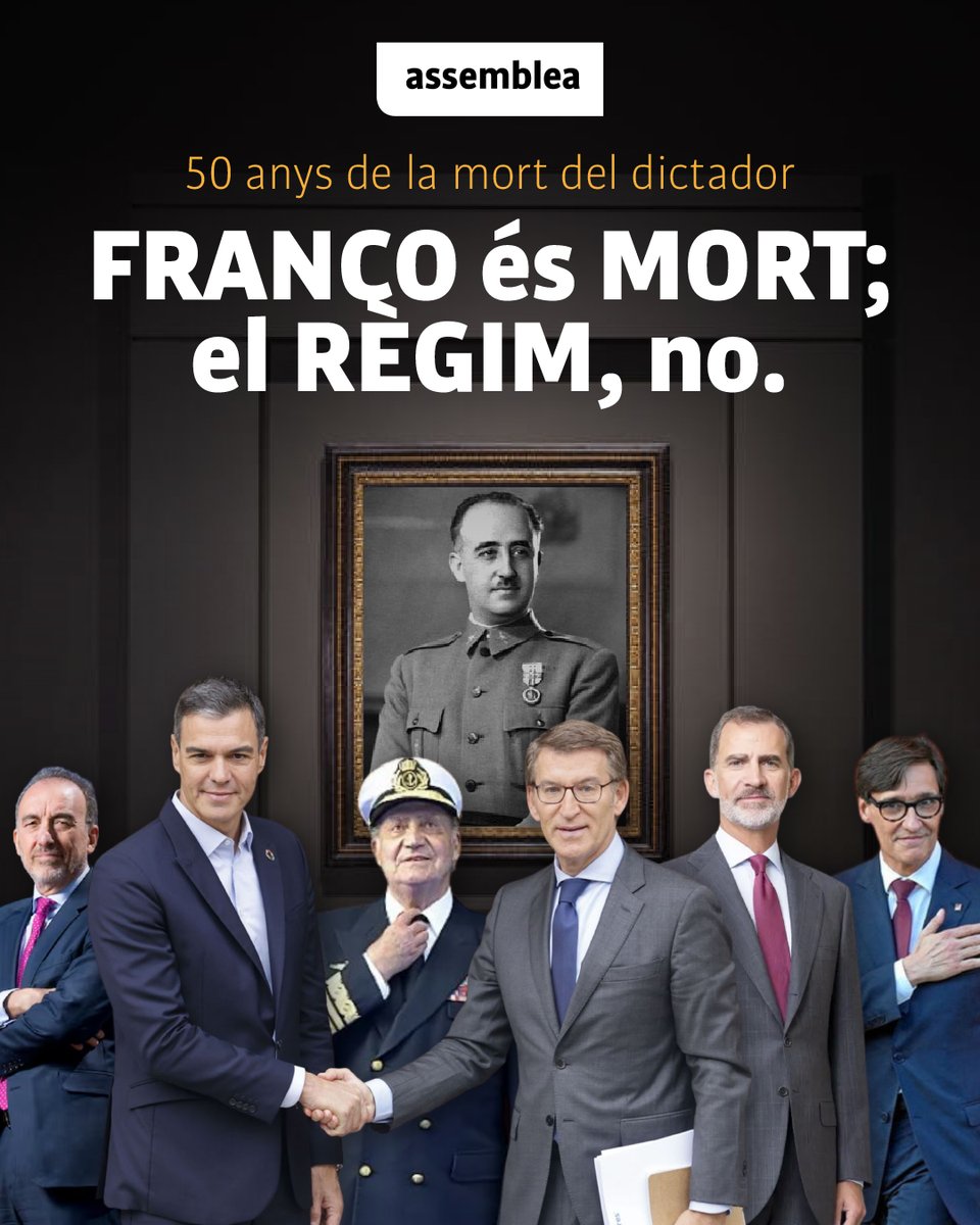 ◼️◻️ FRANCO és MORT. EL RÈGIM, no. 50 anys després tot continua “atado y bien atado”.

Un rei designat pel dictador.
Una justícia hereva del franquisme.
Una política per aniquilar-nos culturalment i nacionalment.

✊ L'única transició vàlida: la independència!