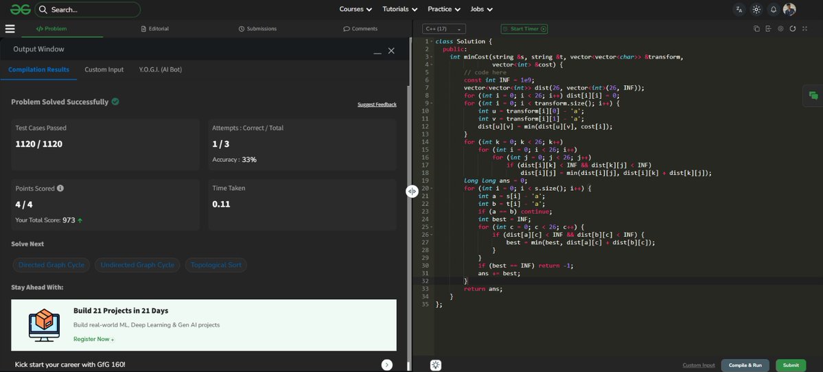 Subhojyoti_110's tweet image. #POTD of @geeksforgeeks

Problem : Make Strings Equal

Approach : Floyd–Warshall to precompute all-pairs minimum transformation costs and then chooses the cheapest common character each pair.

#geeksforgeeks  #dsa #competetiveprogramming #problemsolvingtech