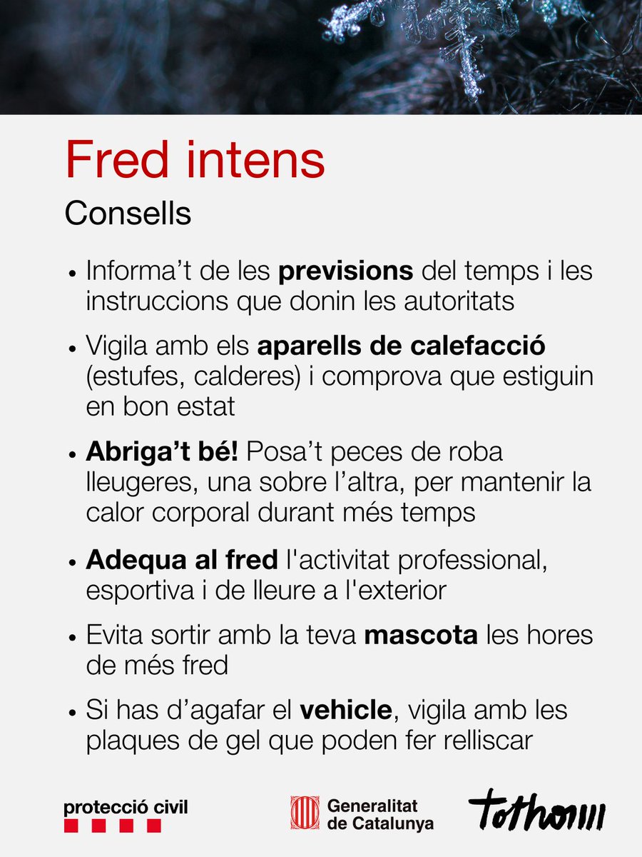 ❄️ Arriba una onada de fred intens amb temperatures molt baixes els pròxims dies.

🧣 Protegeix-te seguint les recomanacions.

👉 gen.cat/fredintens pic.x.com/CVPaXGR1bw