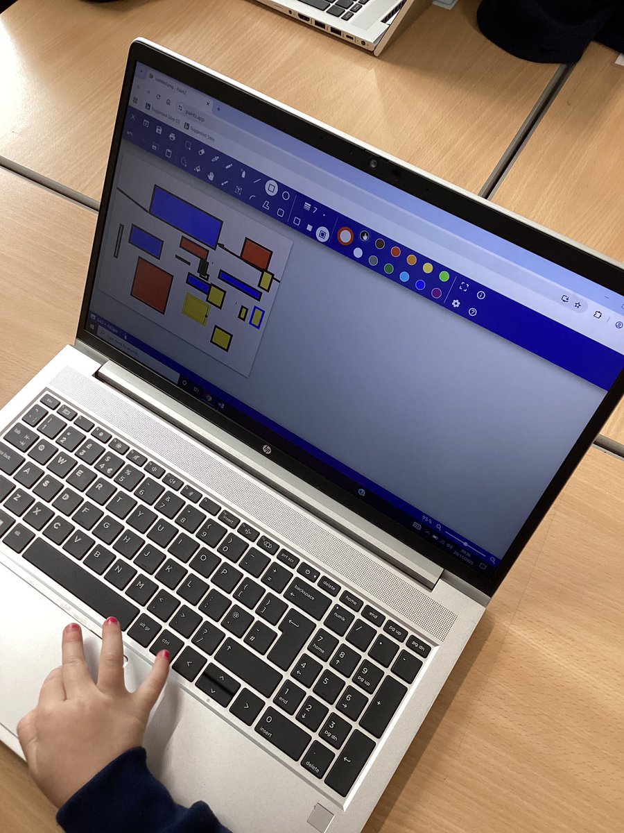 IntakeSchool's tweet image. Y1 have used the line tools and shape tools to create a piece of artwork inspired by artist Piet Mondrian. This fits in well with out maths shape topic too. #computingatintakeschool #mathsatintakeschool