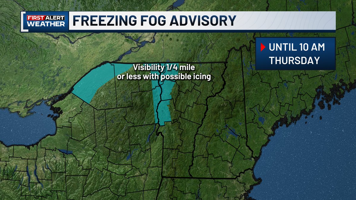 wcaxweather's tweet image. A Freezing Fog Advisory has been issued for the Champlain Valley and St. Lawrence Valley🌫

The advisory will remain in effect until 10am. Visibility could be reduced to 1/4 of a mile at times. Black ice is possible this morning, especially on bridges and overpasses!