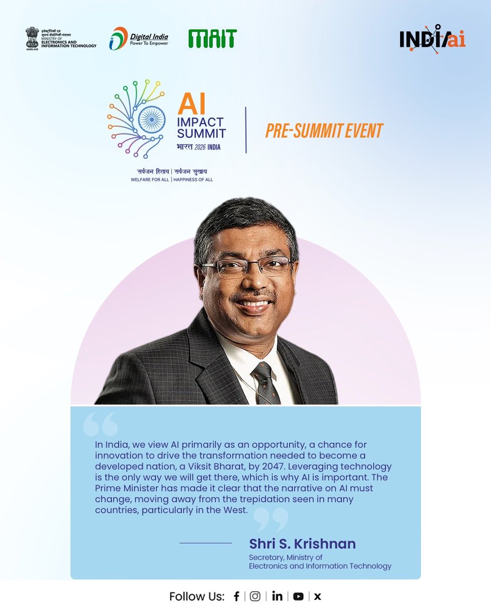 OfficialINDIAai's tweet image. At the MAIT AI Summit 2025, Shri S. Krishnan (@SecretaryMEITY), Secretary, MeitY, shared a compelling vision for India’s AI journey.

He affirmed that India sees AI as an opportunity and a pathway for innovation to help realise a Viksit Bharat by 2047. Stressing that technology…