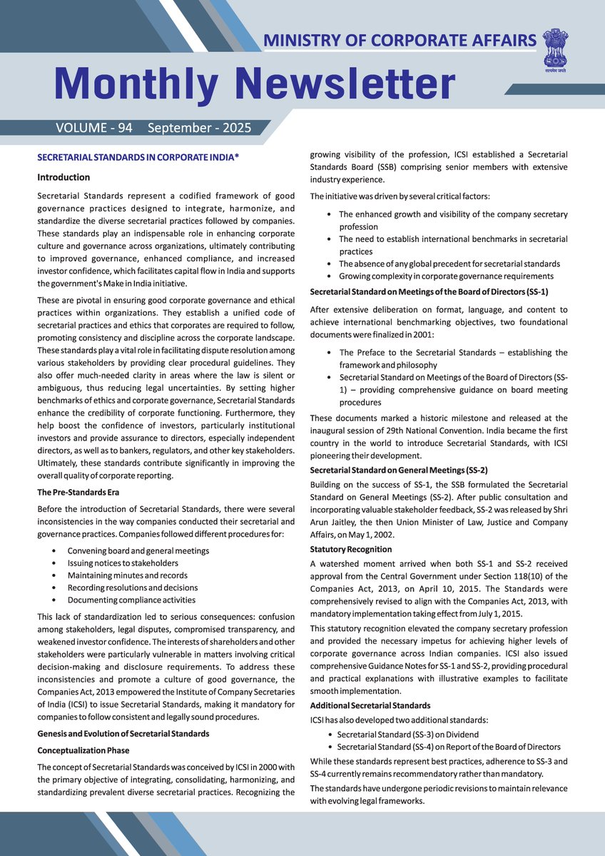 icsi_cs's tweet image. #MCA highlights the significant role and impact of #ICSI-driven #SecretarialStandards in enhancing #CorporateGovernance all across @MCA21India