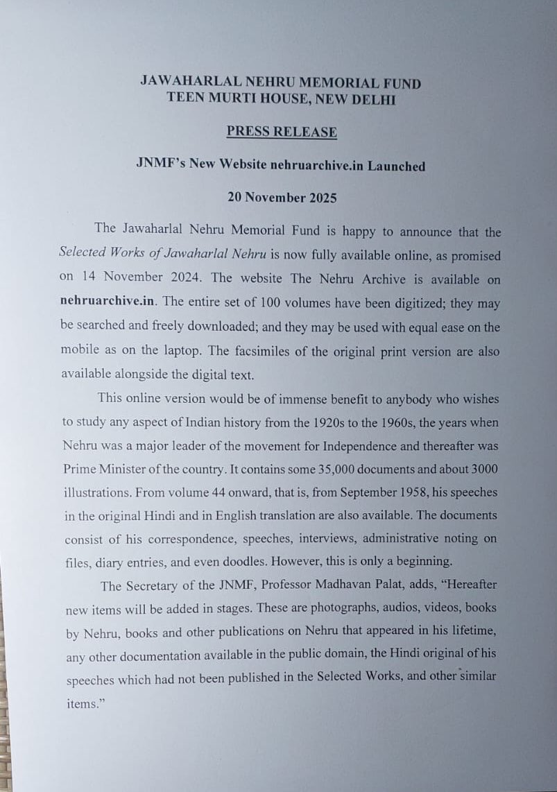 Jairam_Ramesh's tweet image. The Jawaharlal Nehru Memorial Fund has just launched a smartphone-friendly nehruarchive.in

This is an easily searchable and freely downloadable digital archive initially built around the 100 published volumes of the Selected Works of Jawaharlal Nehru covering the period…