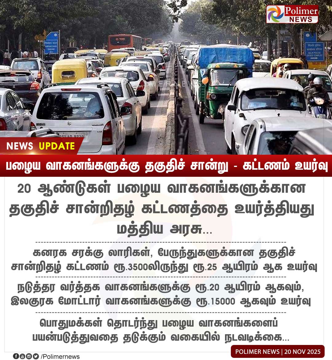 காங்கிரஸ் காலத்தில் பெட்ரோல்/டீசல் விலை வெறும் 50 பைசா உயர்த்தினால் கூட நாடு முழுக்க பந்த் நடத்தும் லாரி உரிமையாளர்கள் சங்கம், இன்று ஒன்றிய அரசு கனரக வாகனங்களுக்கான தகுதிச் சான்றிதழ் (FC) கட்டணத்தை ₹3,500 லிருந்து ₹27,000 வரை பல மடங்கு உயர்த்தியும், எதுவும் பேசாமல் அமைதியாக