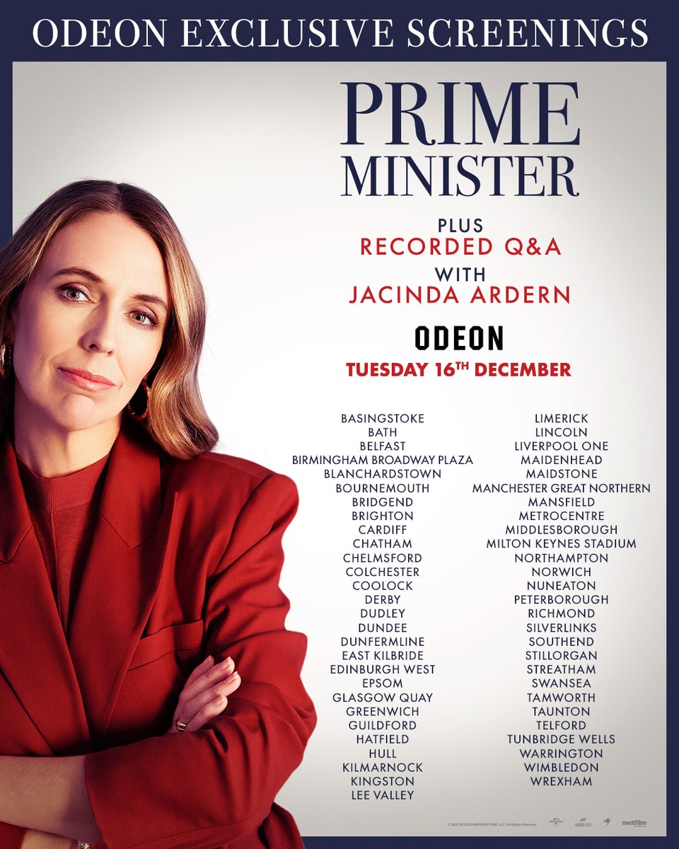 Book now for special screenings of Prime Minister at <a href="/ODEONCinemas/">ODEON</a> nationwide on December 16 including a recorded Q&amp;A with <a href="/jacindaardern/">Jacinda Ardern</a>, hosted by <a href="/RhiannaDhillon/">Rhianna Dhillon</a>.
Book now at PrimeMinisterMovie.co.uk